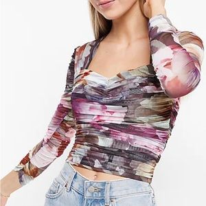 Express Body Contour Floral Mesh Cropped Top With Removable Cups